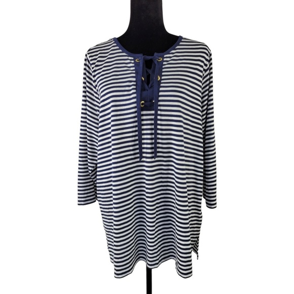 Michael Kors Woman’s Navy Blue white stripes lace up neckline tunic tee shirt 1X - Picture 1 of 11